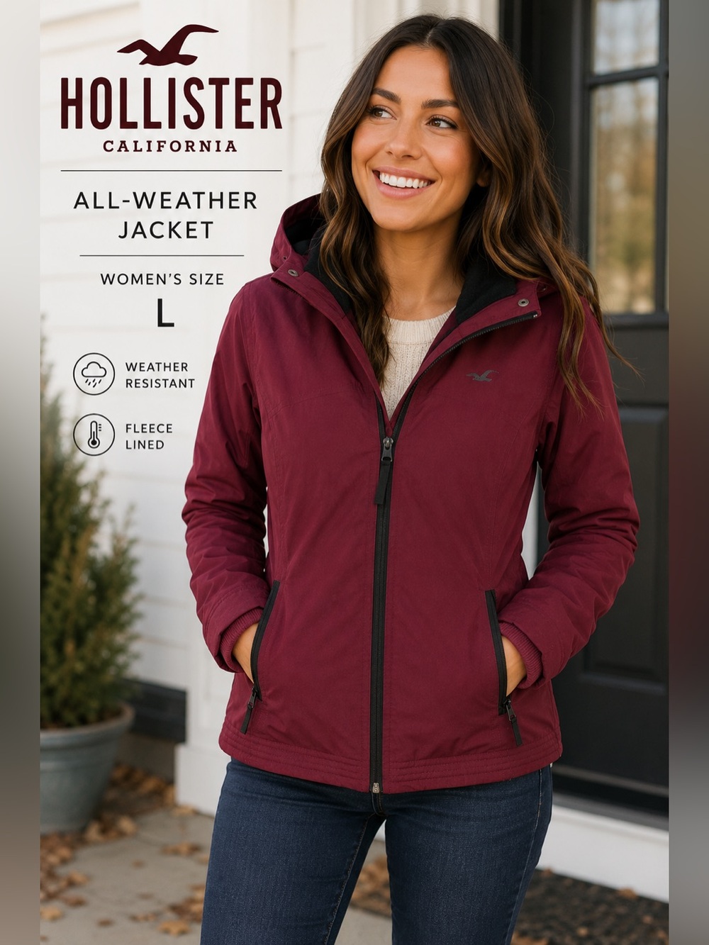 Hollister All-Weather Fleece Lined Hooded Jacket Burgundy Women’s Large
